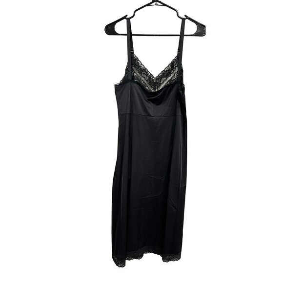 VINTAGE Spaghetti Strap Black Lace Trim Nylon Slip Dress SZ 36 - Picture 2 of 8